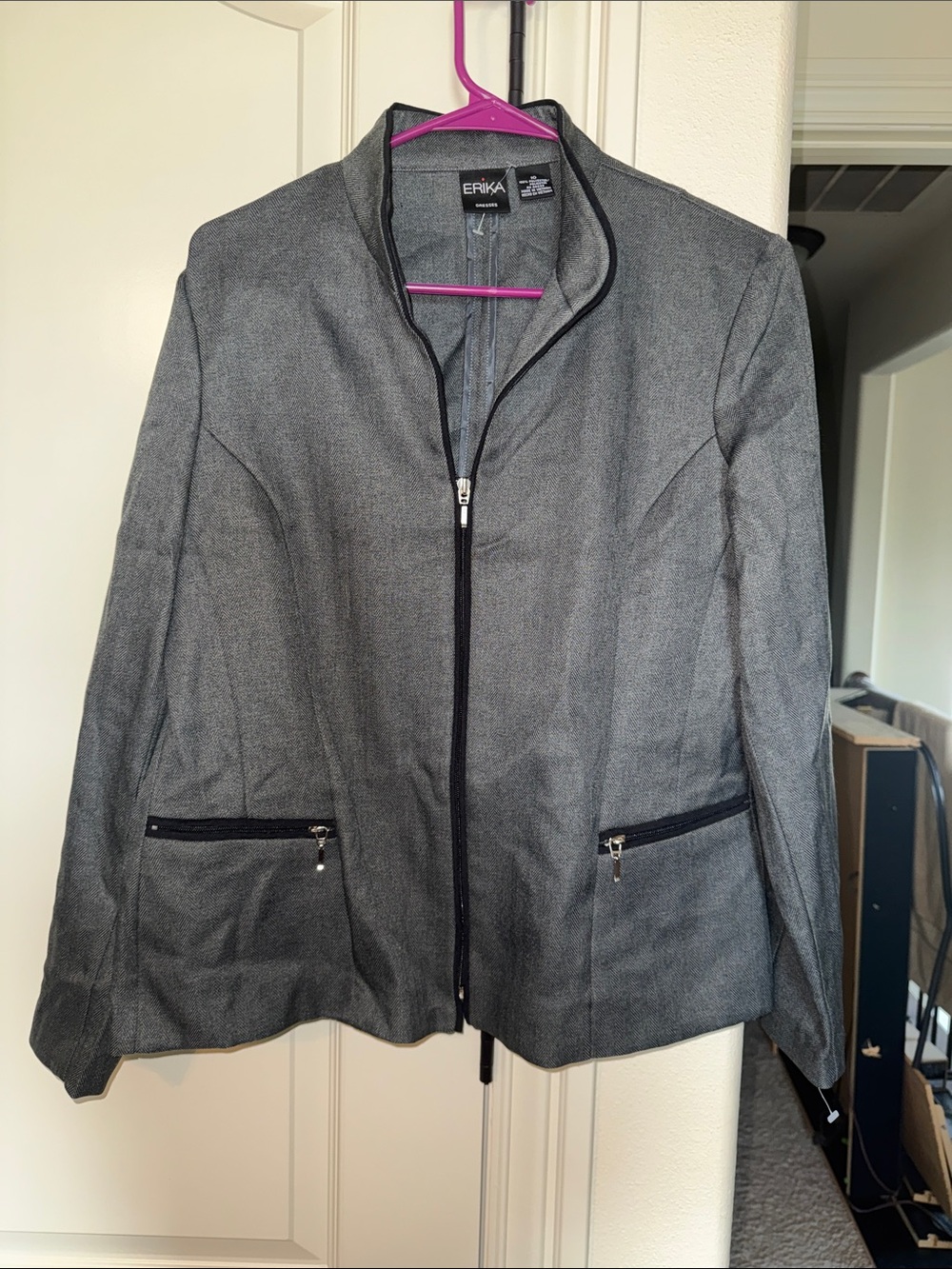 Erika dresses Gray Zip-Front Blazer with Black Trim